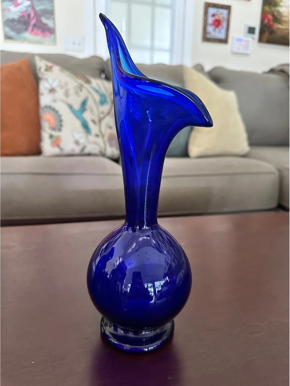 Vintage Cobalt Blue Art Glass Vase Distinctively Shaped Flared Rim
